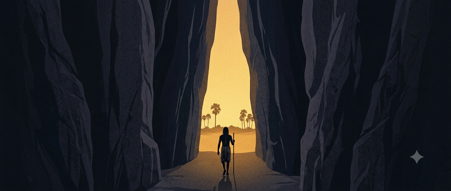 _a figure walks through a narrow passage between cliffs into open light