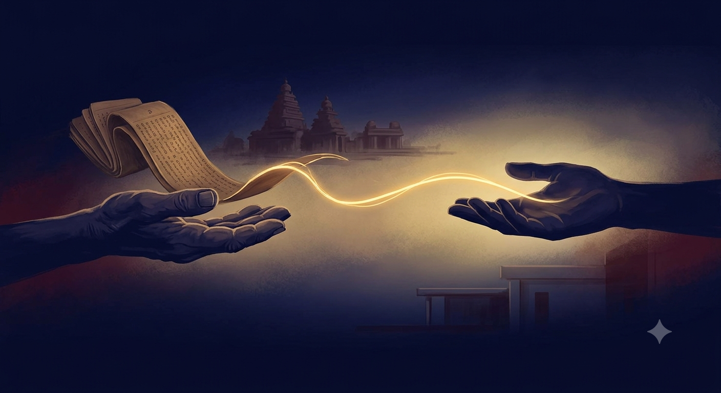 _Two hands across a golden thread of light, one offering an ancient Tamil manuscript, temple silhouette in the background